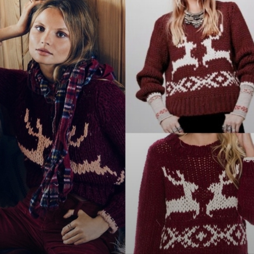 Free People Burgundy Reindeer Sweater